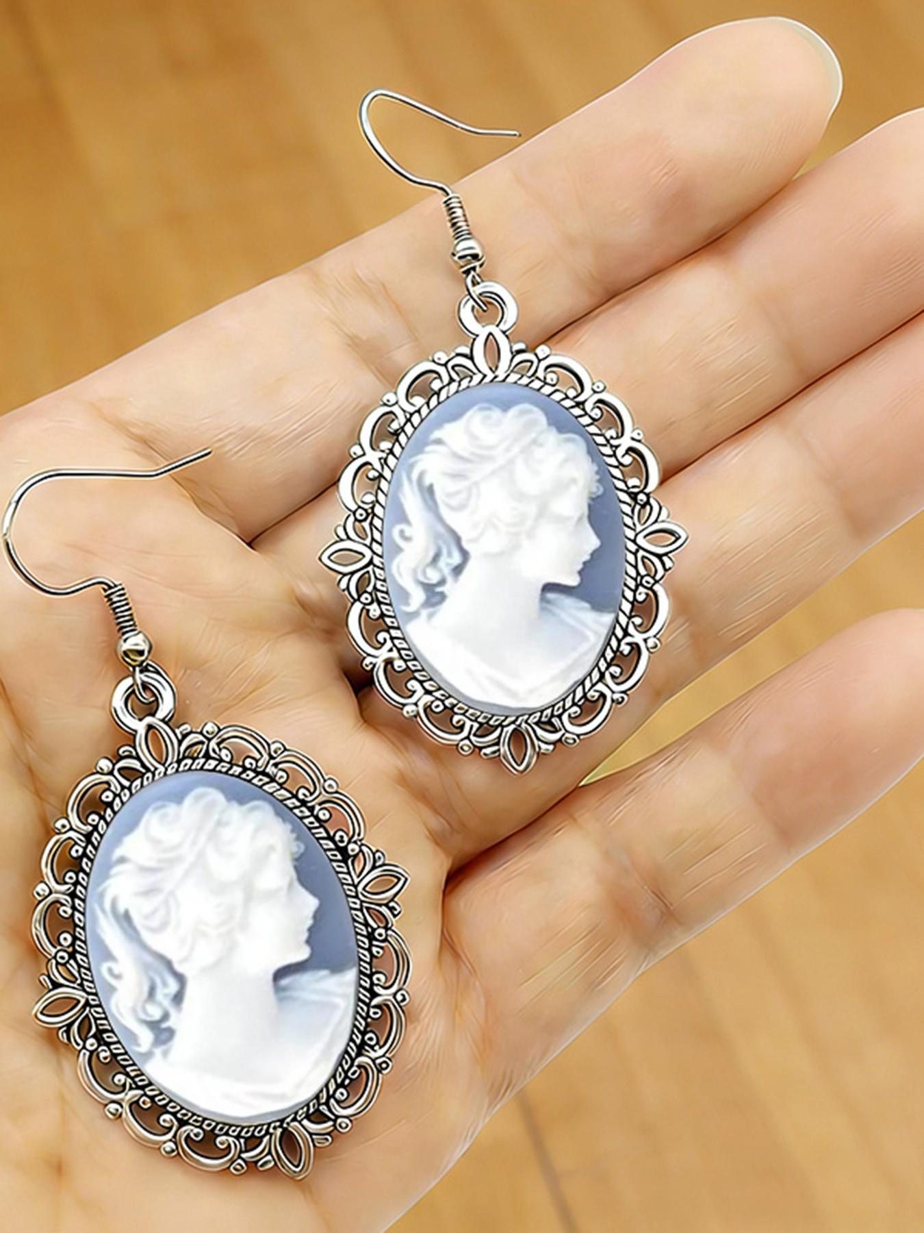 Vintage Oval Female Cameo Dangle Earrings European Classic Silver Plated Earrings For Women Jewelry Accessories Gifts