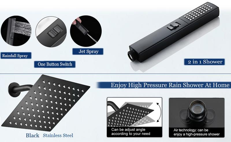 6/8"High Pressure Square RainShower Head and 2-in-1 HandShower.Equipped with 78"Hose, 3Way Diverter Valve,Adhesive ShowerHead Holder