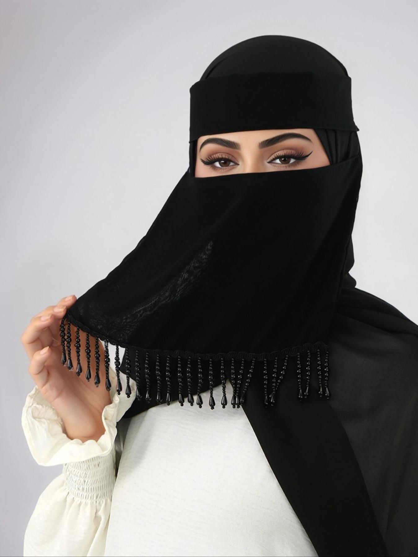 Women's Plain Beaded Fringe Mask with Elastic Band, Daily Use Headscarf, Sparkling Casual Hijab, Niqab, 1pc Ladies Face Covering