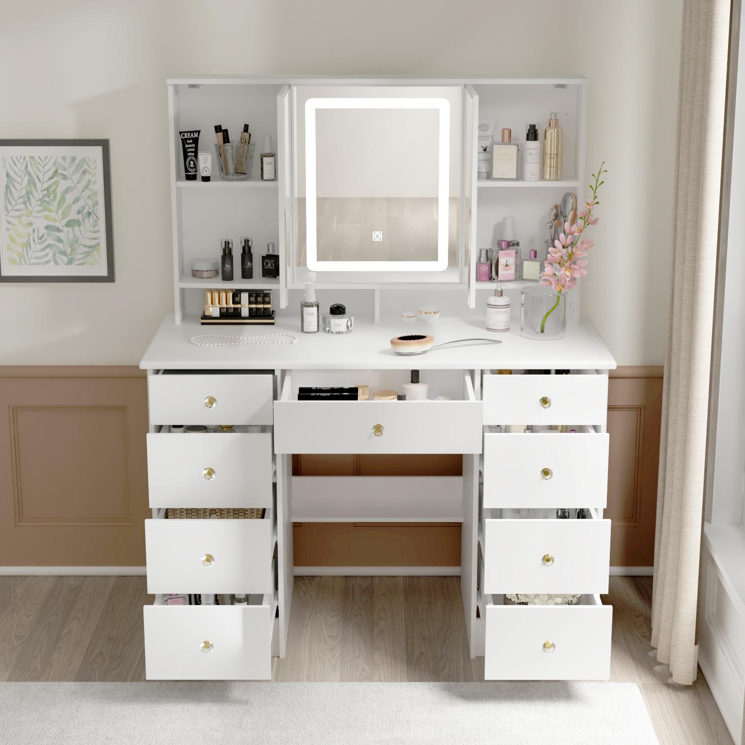 FUFUGAGA-43.3"W Vanity Desk With 9 Drawers, Makeup Desk With 3-Mirror And Touch Screen Light, Dressing Makeup Table For Bedroom