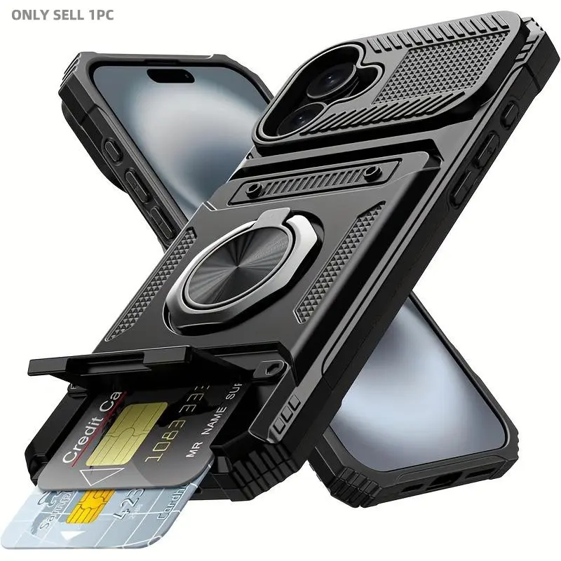 Shockproof Phone Case Casing with Card Holder, Lightweight Shockproof Cover, 360° Rotatable Ring Kickstand Phone Protective Cover, for Samsung Galaxy S25 Ultra S25 FE S26 Ultra S24 Ultra S23 FE A16 A26 A36 A56 A57
