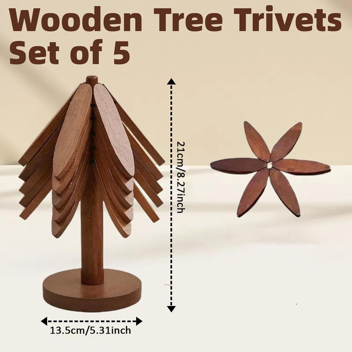 1 set of wooden insulating mats, wooden tree-shaped insulating mats, tree-shaped coaster sets, foldable wooden placemats, 5-piece sets (5 insulating mats+1 bracket), Wooden Coasters, suitable for hot pots/bowls/teapots, kitchen decoration, kitchen gadgets