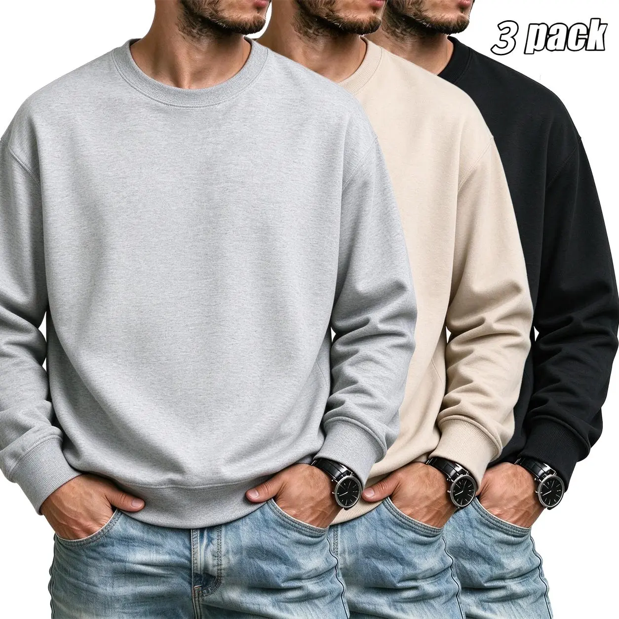 Men's Crewneck Sweatshirt 1-3 Pack, Classic Loose Drop Shoulder Oversized Fit, Heavyweight Soft Cotton Blend Pullover, Solid Color Basic Sweatshirts for Autumn & Winter Daily Street Workout Lounge Wear Long Sleeve T-Shirt for Outdoor Sports & Running