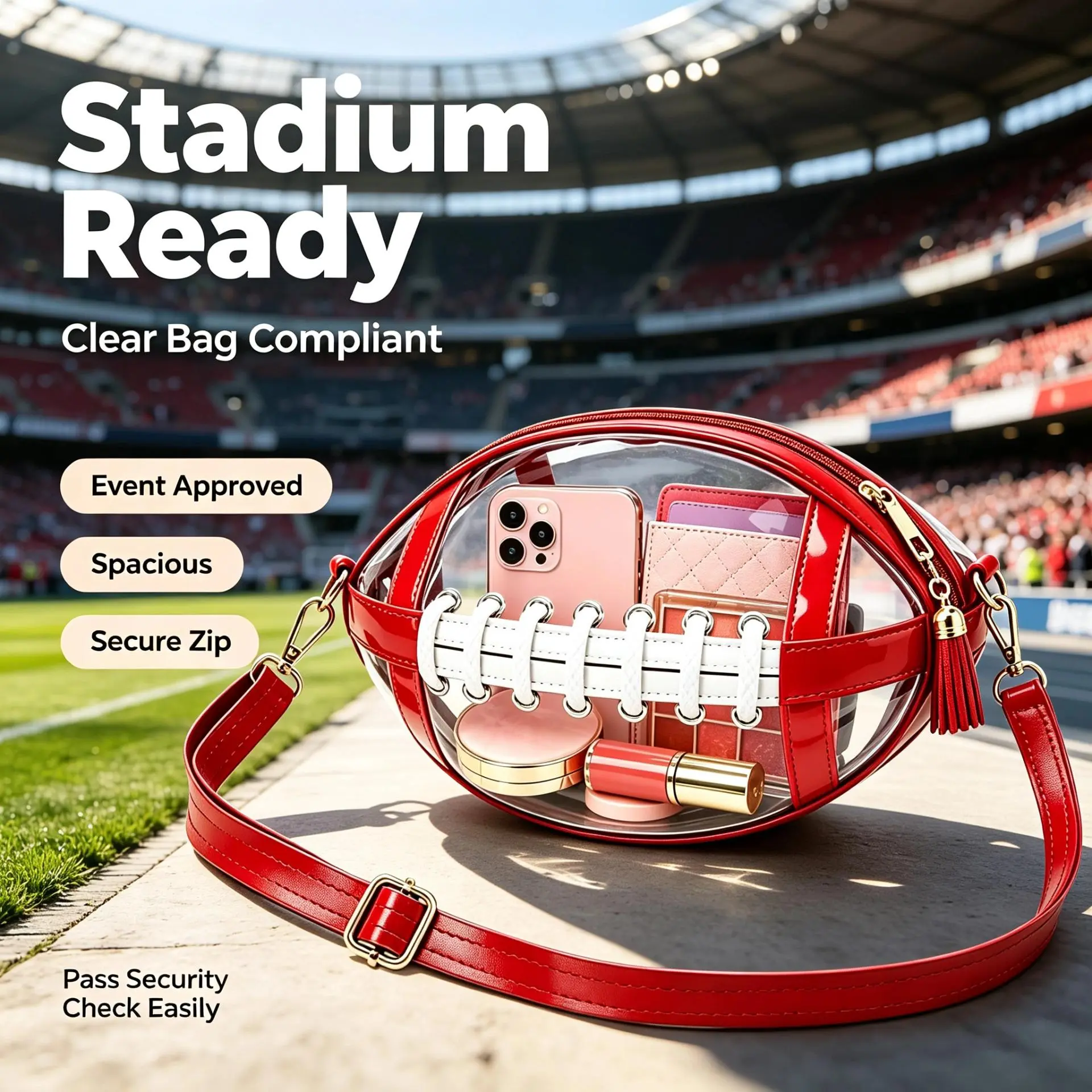 Clear Football Crossbody Bag for Women, Stadium Approved Transparent Game Day Purse with Adjustable Strap and Tassel Zipper, Cute Sporty PVC Shoulder Bag for Sports Concerts and Festivals
