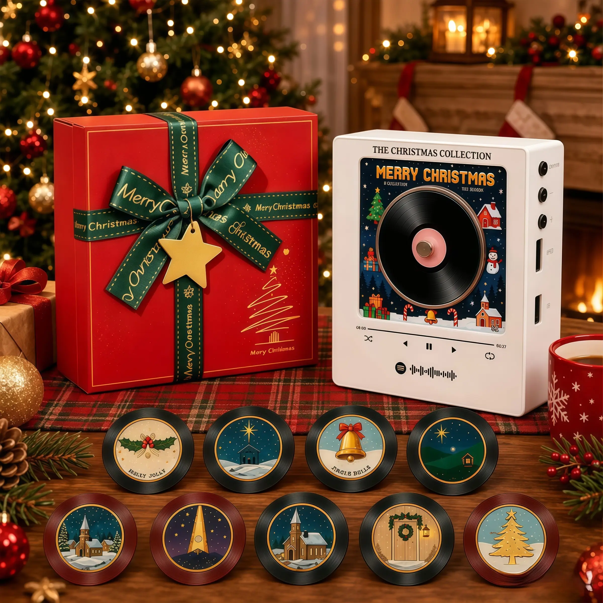 2027 Christmas Vinyl Player Fridge Record NFC Magnetic Music Box Set Mini Jingle Magnets, Refrigerator Custom Storage, Personalized Retro, 9 PCS Programmable Playback, Aesthetic Desk Decor Gift