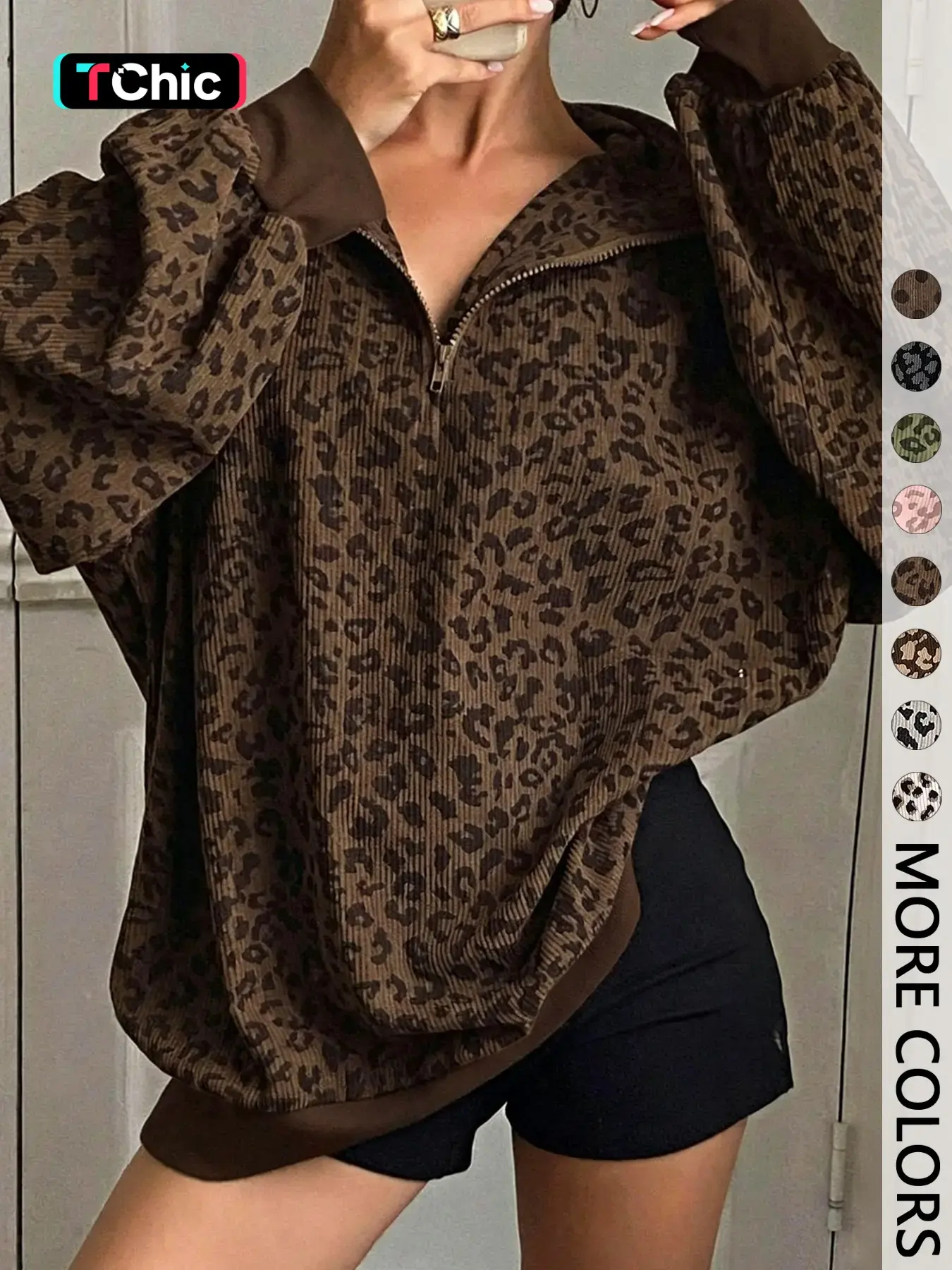 Women's Leopard Print Half Zip Pullover Oversized Drop Shoulder Long Sleeve Top Contrast Cuff & Hem Loose Relaxed Fit Casual Streetwear Trendy Animal Pattern Sweatshirt