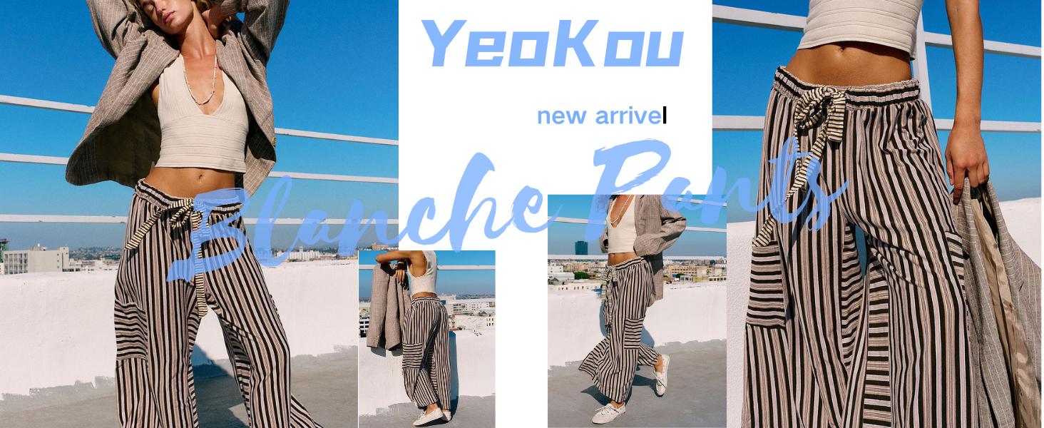 YeoKou Women  Drawstring Striped Pants Loose Wide Leg Lounge Pants Casual Palazzo Pants Trousers with Pockets Bottom Oversize