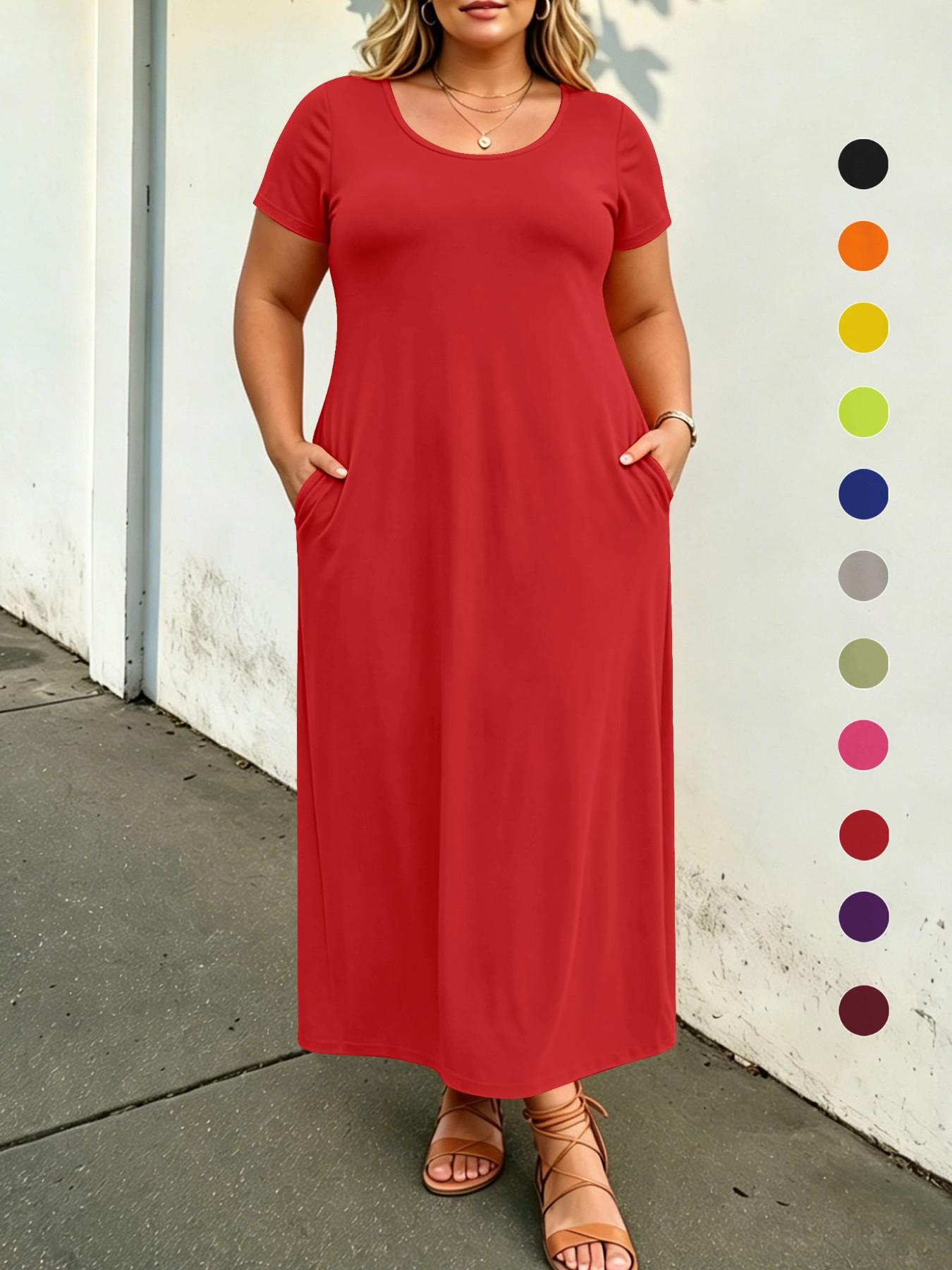 Plus Size Solid Color Loose Maxi Dress, Short Sleeve, Round Neck, Side Pockets, Curvy Daily Wear, Tummy Hiding