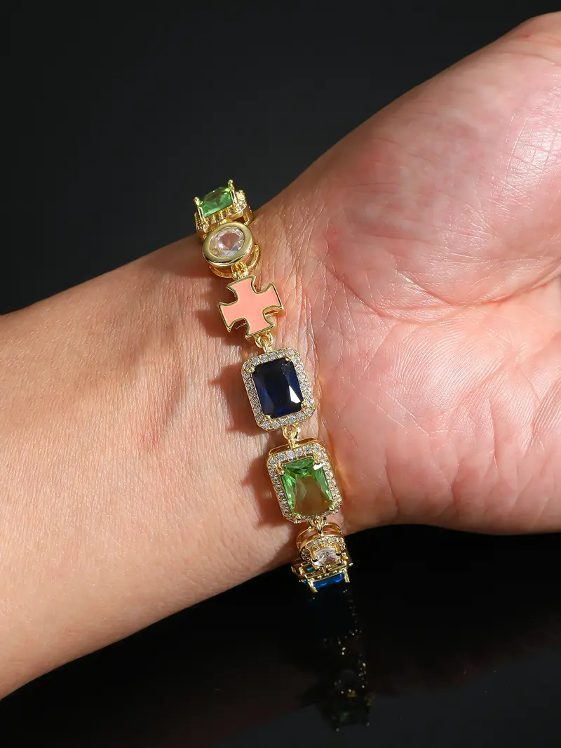 2 Piece/Set European & American Hip‑hop Colorful Square Cubic Zirconia ...