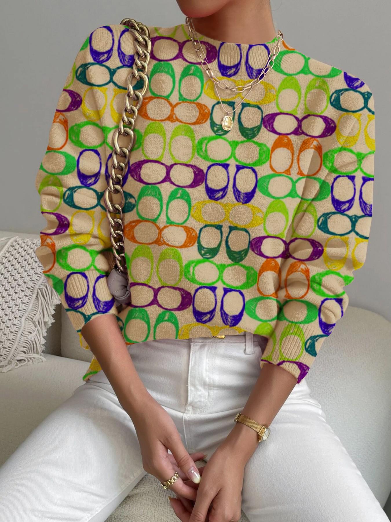 Women's Colorful Geometric Pattern Stand Collar Fitted Sweater, Fall Winter Casual Long Sleeve Knitwear, Comfortable Warm Daily Wear