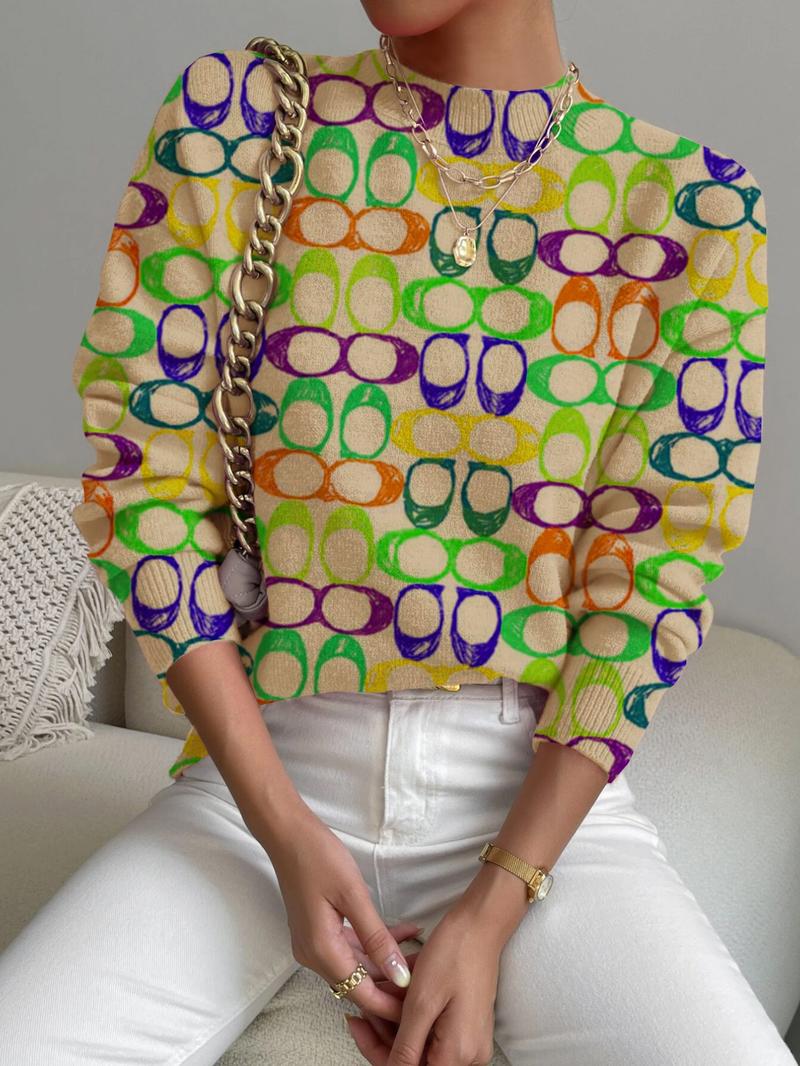 Women's Colorful Geometric Pattern Stand Collar Sweater, Fall Winter Casual Long Sleeve Knitwear, Comfortable Warm Daily Wear Women's Colorful Geometric Pattern Stand Collar Sweater, Fall Winter Casual Long Sleeve Knitwear, Comfortable Warm Daily Wear