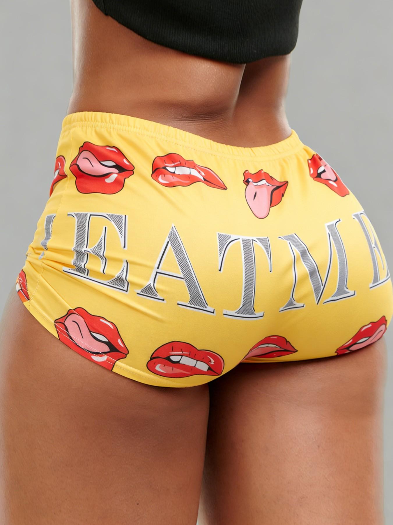 Women's All Over Letter & Lips Print Elastic Waist Shorts, Casual Comfy Breathable Graphic Print Shorts for Summer, Ladies Bottoms for Daily Wear