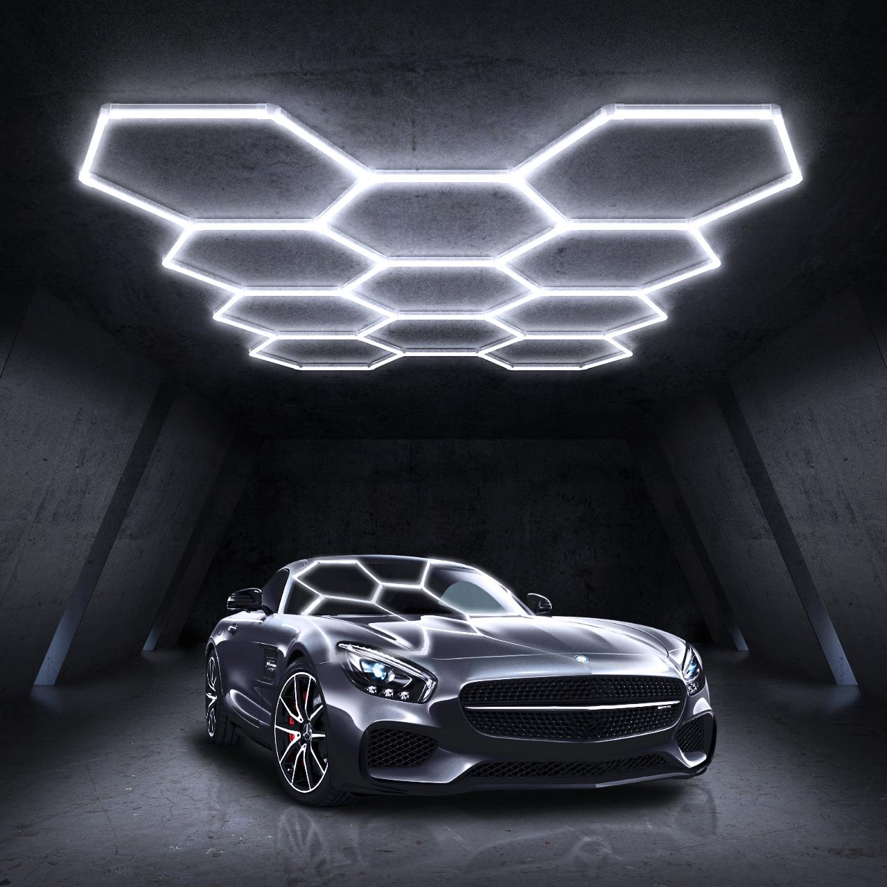 HYPERLITE offers Hexagon Garage Lights, a hexagon led lights Ceiling system designed for Grid Systems. These lights emit a Cool White light, ideal for Car Detailing Garages, Basements, Barbershops，Adjustable Lighting Options，SpringGlowUp