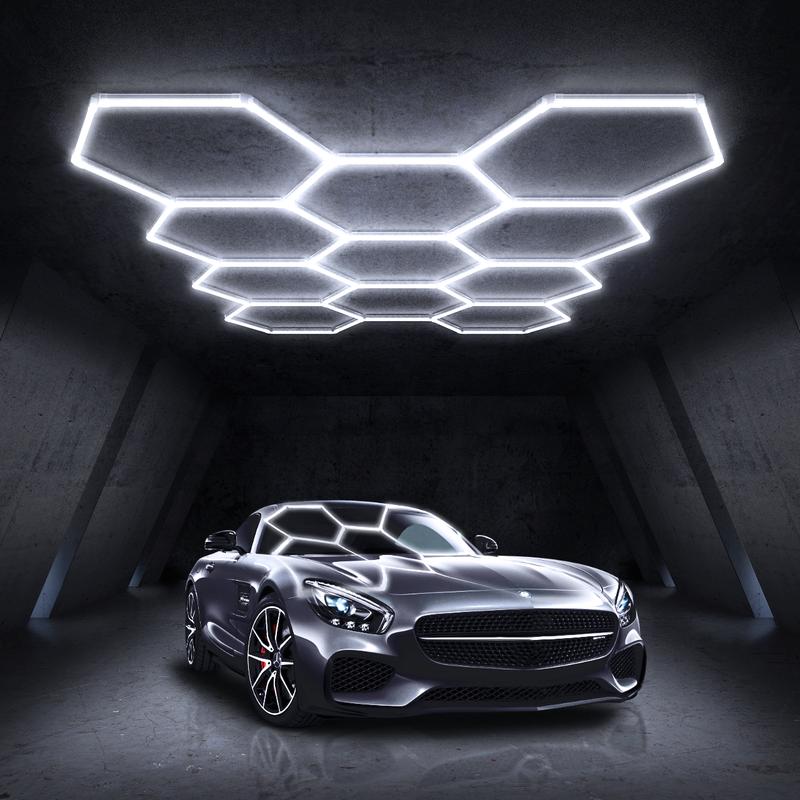 HYPERLITE offers Hexagon Garage Lights, a hexagon led lights Ceiling system designed for Grid Systems. These lights emit a Cool White light, ideal for Car Detailing Garages, Basements, Barbershops，Adjustable Lighting Options，Jumpstart newyear