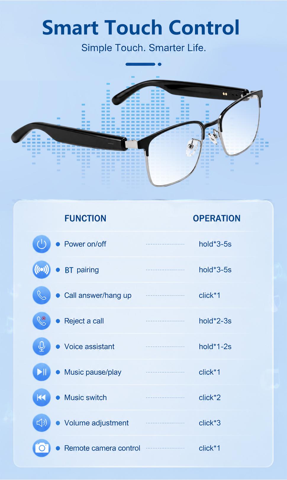 Bluetooth Audio Smart Glasses with Touch Control & Voice Assistant, Photochromic Outdoor Sunglasses, Open Ear Music & Hands-Free Calls, Blue Light Blocking Eyeglasses for Work Travel, Wireless Audio Glasses, Wireless Audio Eyewear