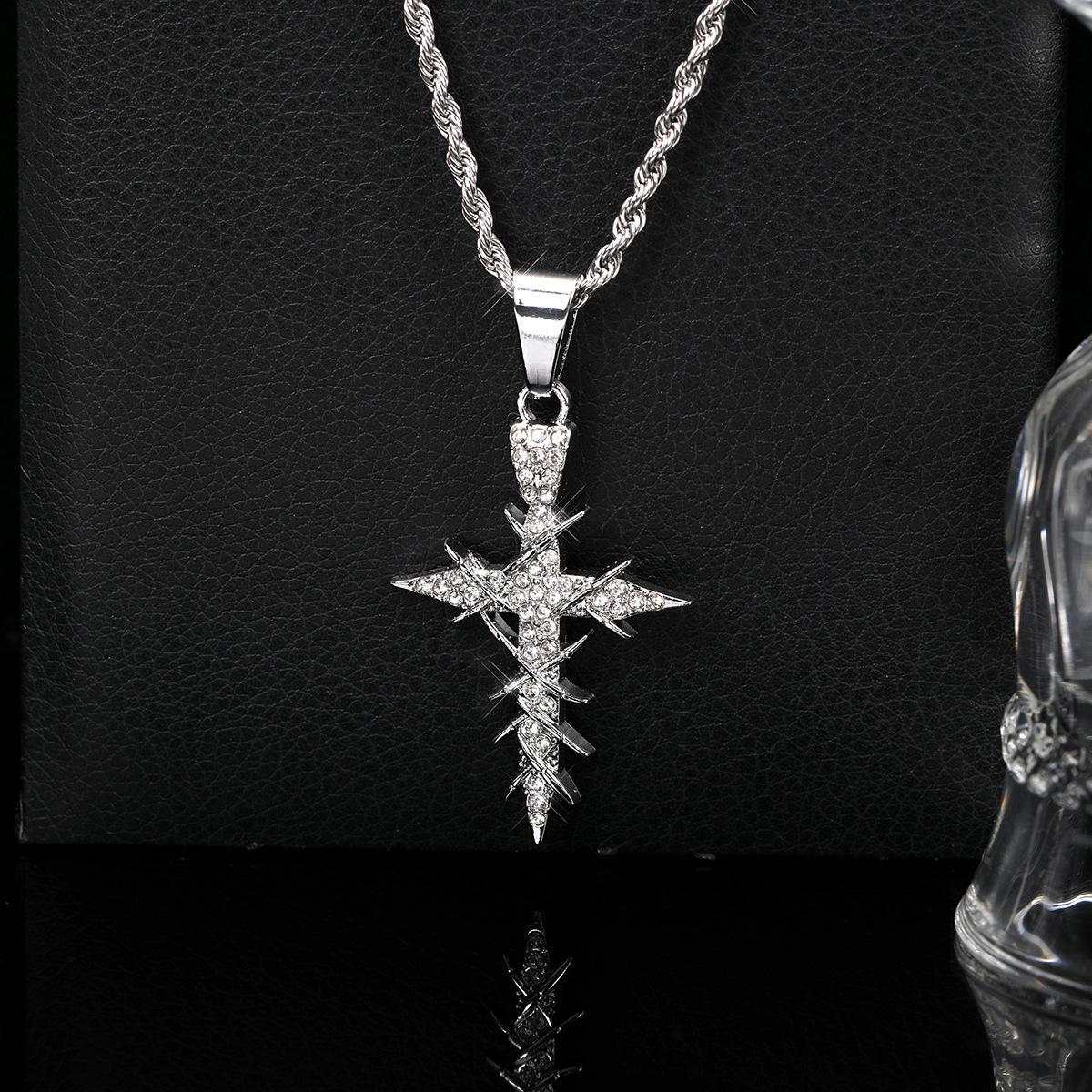 Popular hip-hop style dynamic and sparkling cross pendant necklace with twisted chain, simple alloy design