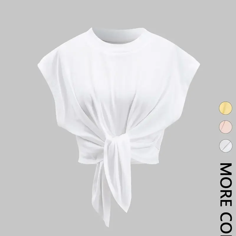 Women's Comfortable Stylish Solid Color Front Tie Batwing Sleeve T-Shirt, Casual Minimalist Basic Summer Everyday Top, Loose Tops