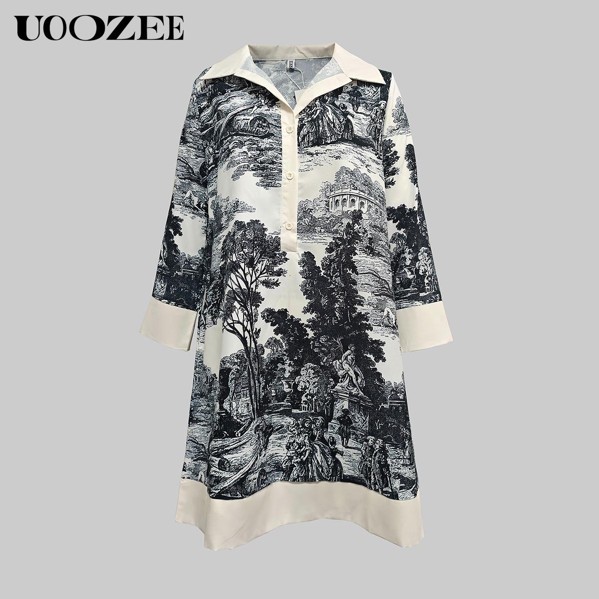 Women's Cotton Collared Long Sleeves Loose Printed Lapel Mini Dresses Shirt Dress Summer Casual Hand Wash Only
