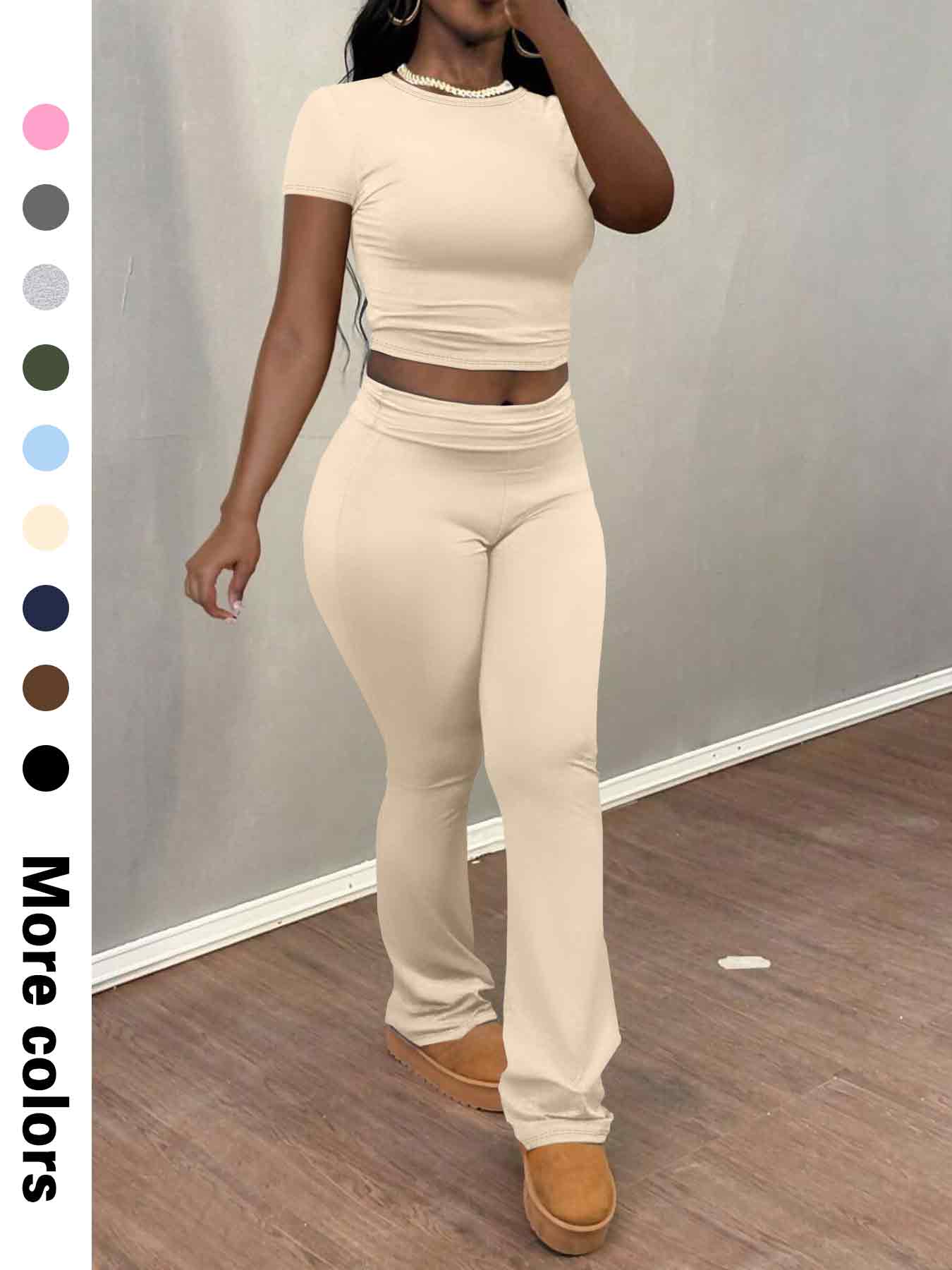Women's Solid Color Crop Tee & Flare Leg Pants Two-piece Set, Casual Fashion Cozy Round Neck Short Sleeve Top & Trousers for Daily Outdoor Wear, Ladies Clothes for Summer