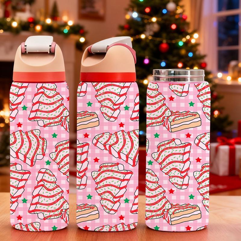 1 Pc19/24/32oz double wall insulated thermal mug, leak-proof skinny vacuum cup, Christmas cake and tree dessert pattern, pink background festive design, keeps hot 12 hours cold 24 hours, perfect gift for women men, holiday travel mug for hot cold drinks