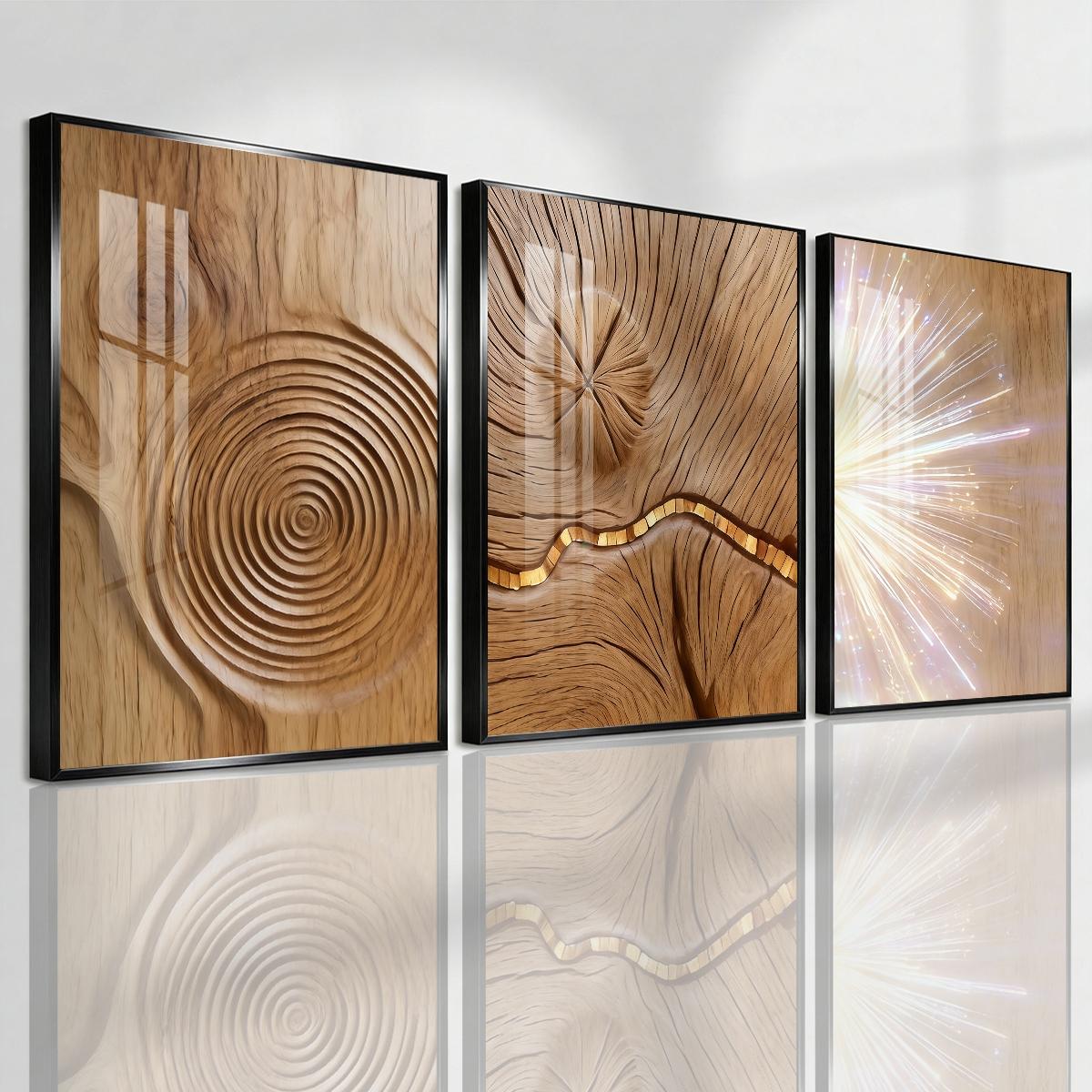 3 Counts Aluminum Alloy Framed Painting, Abstract Wood Texture And Light Burst Pictures, Home Decoration For Living Room, Bedroom, Office, Restaurant, Hallway Wall Decor, Odorless Print Artwork, Luxury Perfect Gift For Friends And Family