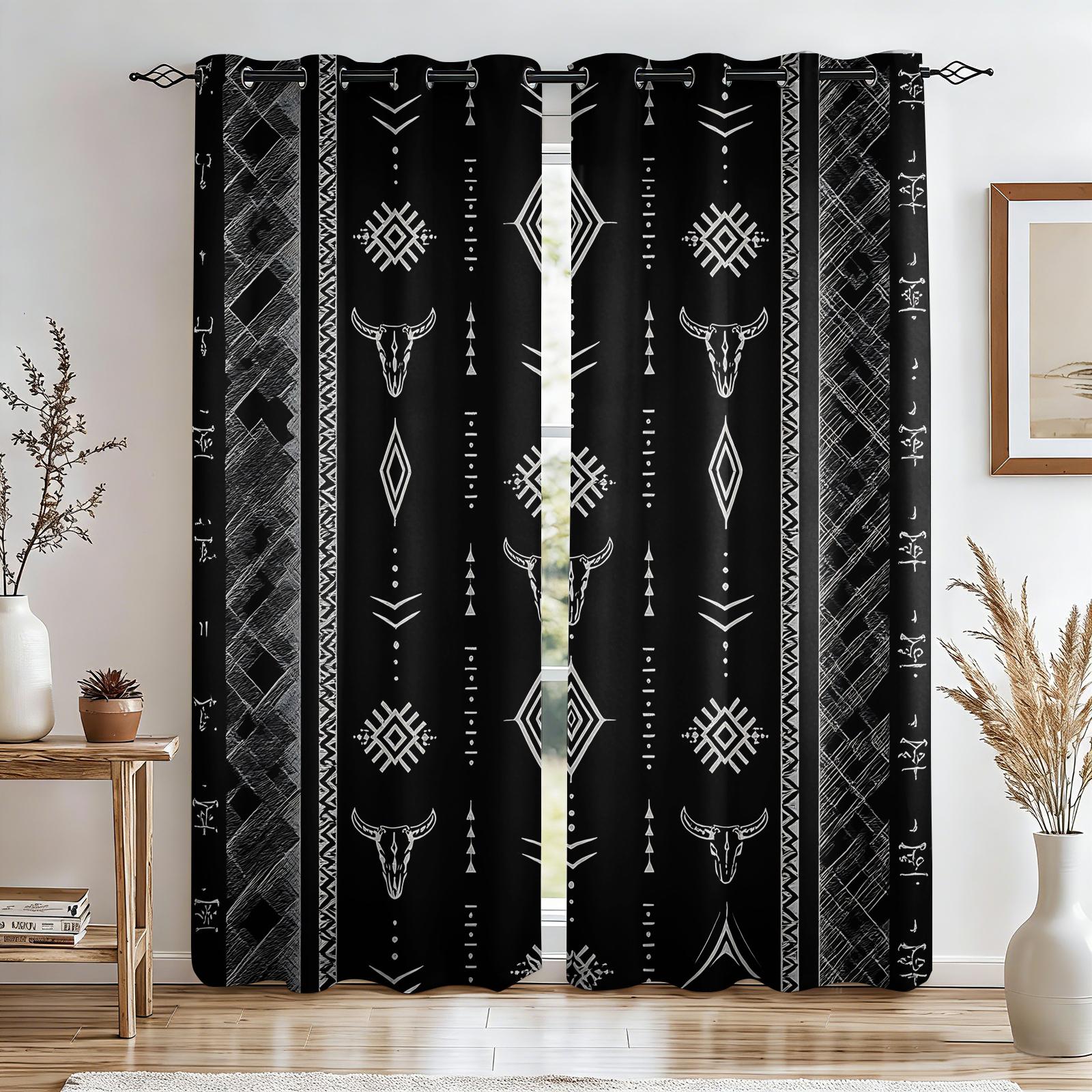 2 Panels Tribal Bull Skull Aztec Blackout Curtains Sun Blocking Noise Reducing Window Treatments with Black White Southwestern Pattern for Bedroom Living Room Office Dorm Rustic Western Boho Room Decor