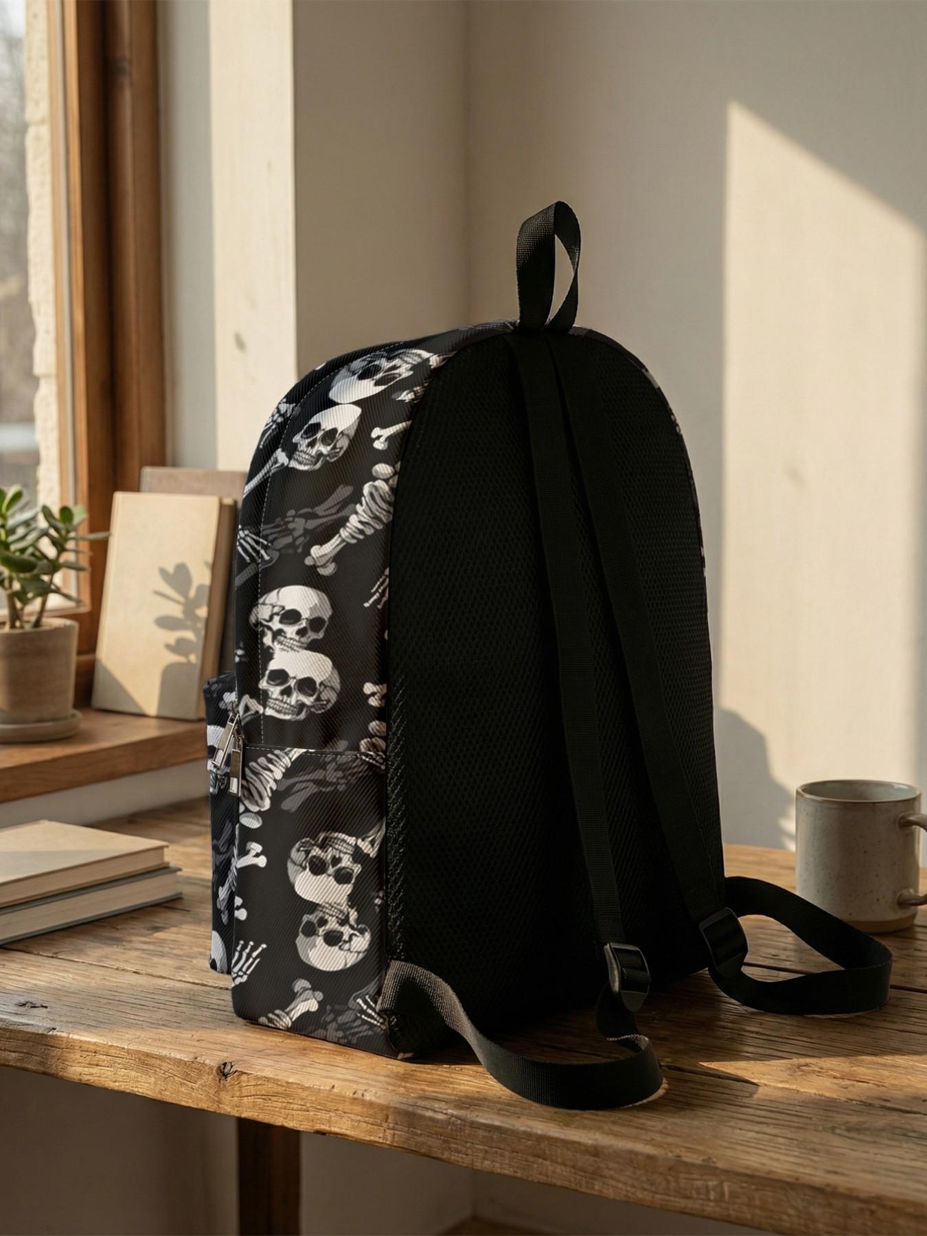 Skull Print Backpack, Fun Design, Fashionable Look, Spacious Storage, Ideal for School, Travel, Business Trips, All Seasons Use, Casual Printed Backpack