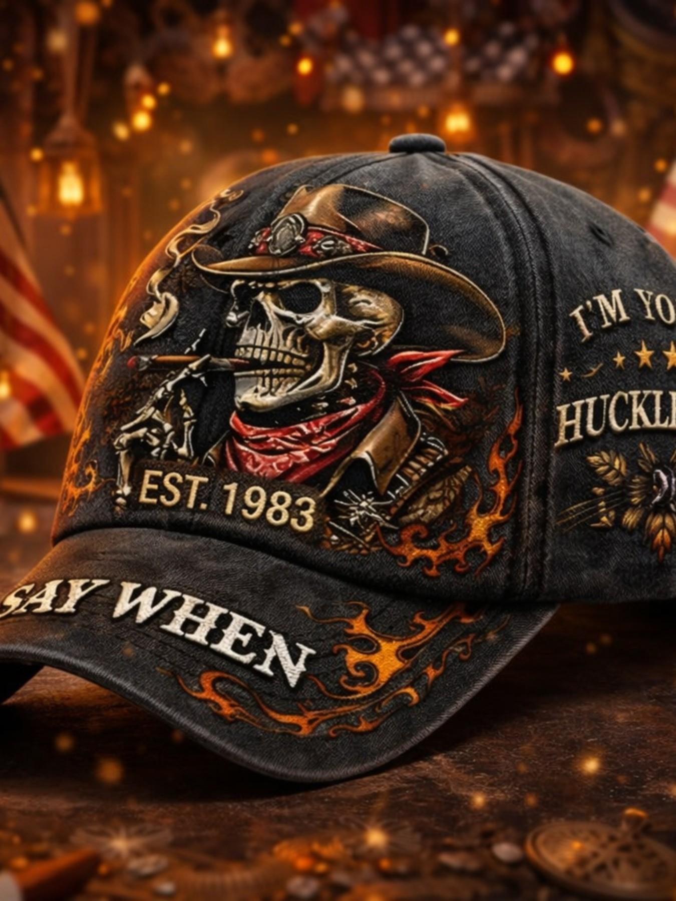 "Say When I'm Your Huckleberry" Letter & Flame Pattern Baseball Cap, Vintage Washed Design, Men's Western Theme Outdoor Cap, Casual Style, Graphic Hat, Outdoor Hats
