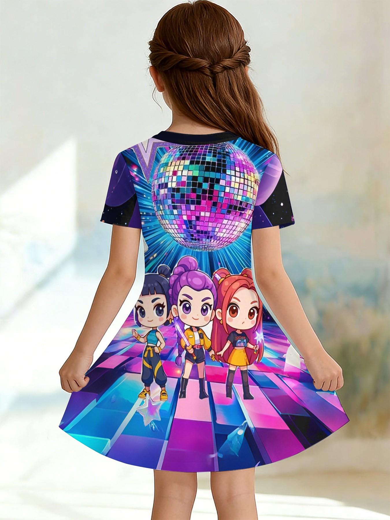 Girls' Witchy Disco Stage Dress, Q Version All-Over Print A-Line Skirt, Fashion Outdoor Wear, Birthday Gift, Festival Gift
