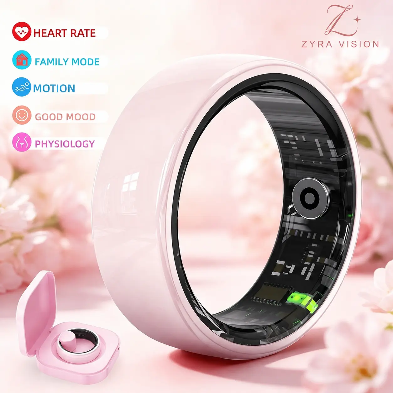 New Ceramic Pink Smart Ring for Women, Heart Rate, Sleep, Blood Oxygen, Stress & Cycle Tracking, Multiple Sports Modes, IP68 Water Resistant, Charging Case, Free App, No Subscription, Compatible with iOS & Android，Zyra Vision