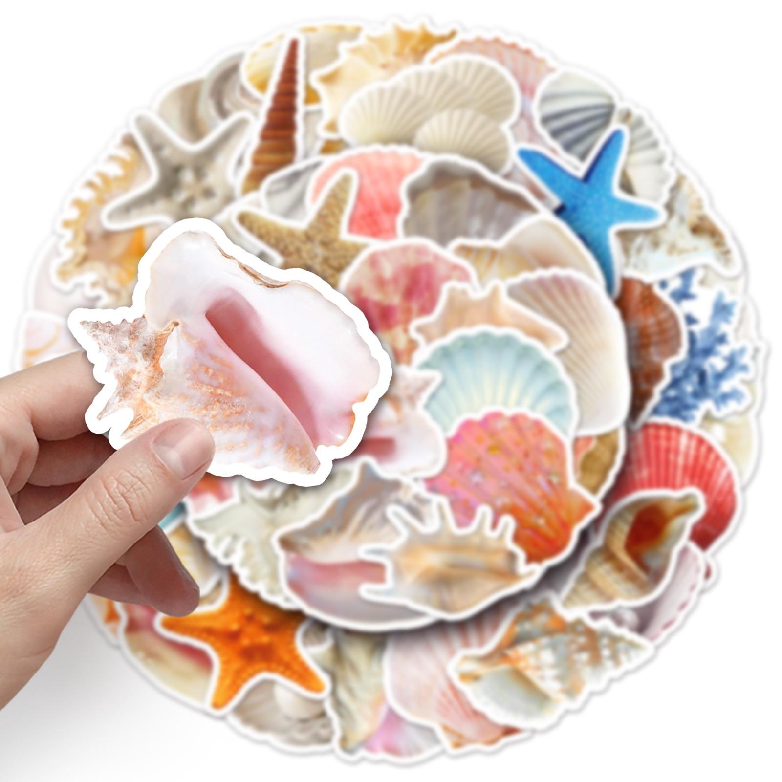 50pcs Cute Seashell Stickers, Waterproof Vinyl Decals, Cartoon Starfish Conch Pearl Stickers, DIY Scrapbook Journal Stickers Pack