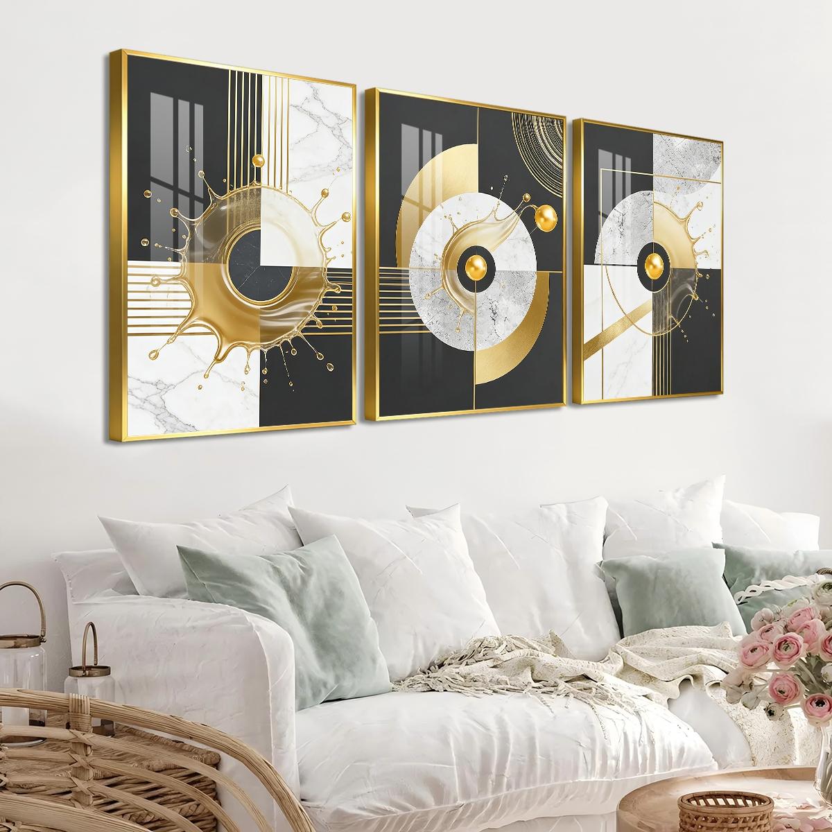 3 Counts Aluminum Alloy Framed Painting, Abstract Golden Splash Geometric Art Pictures, Home Decoration For Living Room, Bedroom, Office, Restaurant, Hallway Wall Decor, Odorless Print Artwork, Luxury Perfect Gift For Friends And Family