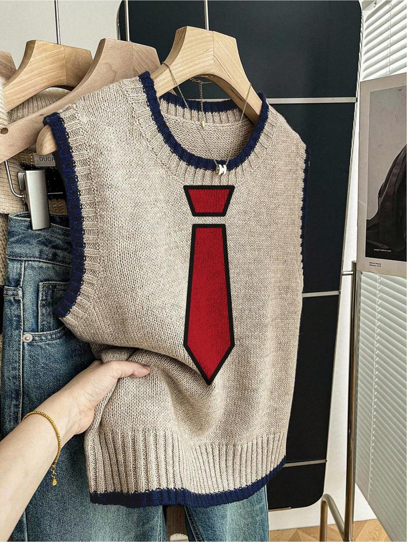 One piece + Women's spring/summer casual-retro loose-fit round-neck sleeveless knit top. Deep blue contrast trim + red-scarf patchwork print. Perfect for school vibes - layer with a vest or wear it solo! Color Block Vest