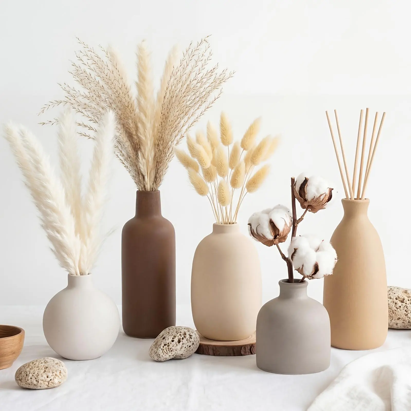 Set of 5 Ceramic Vases, Rustic Farmhouse Pottery Vintage Decor for Living Room Office Coffee Table Dining Area Fireplace