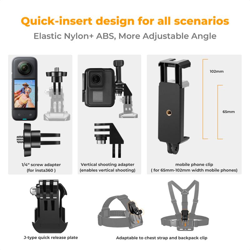 [K&F CONCEPT]Accessories Set for GoPro Hero 13/12/11/10/9/8/7/6/5/4/DJI Osmo Action Series/Pocket 3/2/Insta360 X5/X4/X3, Chest Harness+Backpack Clip+360 Rotating Head Mount and Wrist Strap