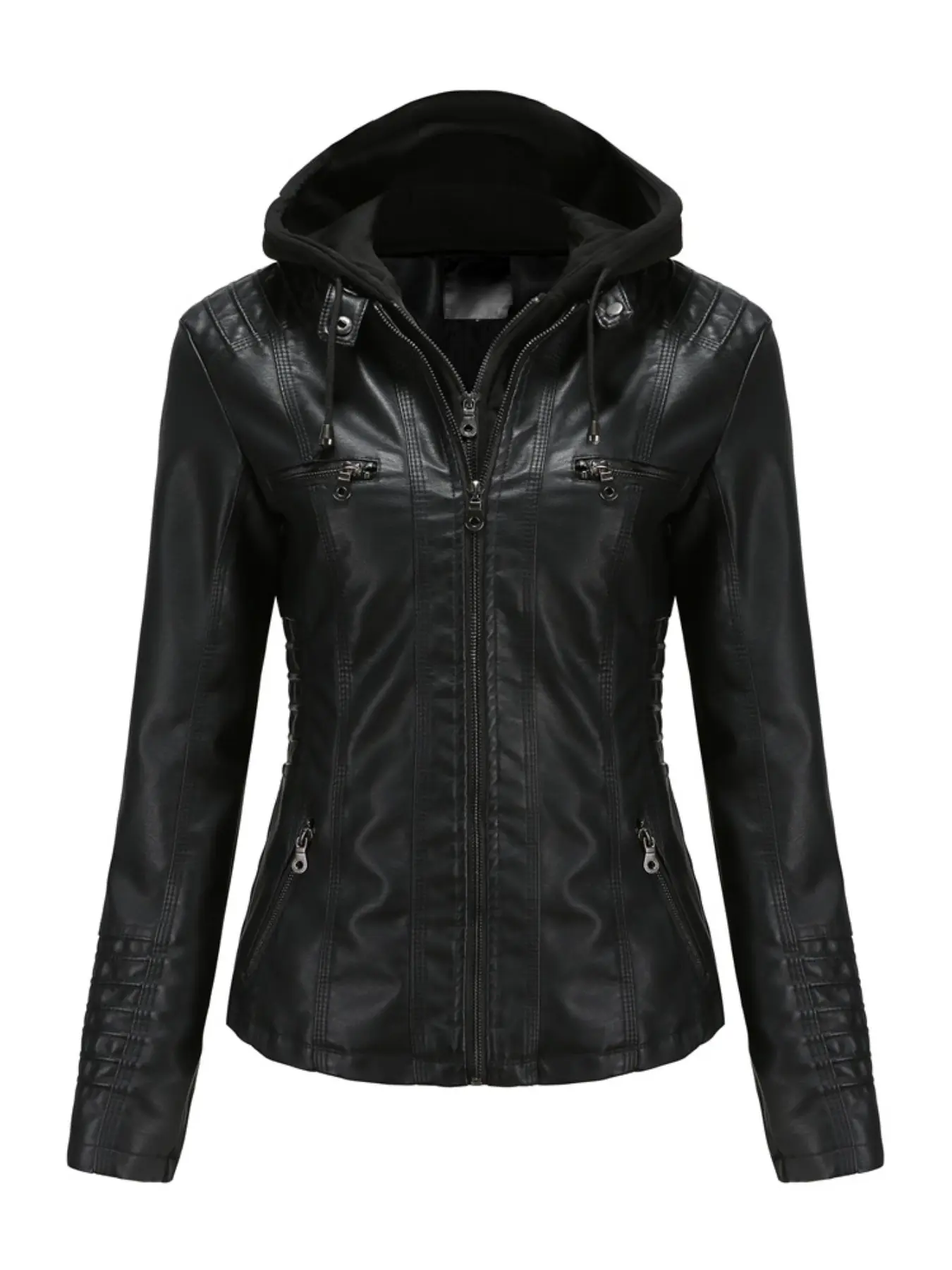 Women's Hooded PU Jacket, Eco-Friendly Faux Leather Motorcycle Coat, Perfect for Spring and Fall, Casual Holiday Wear, Ideal Gift for Women