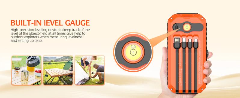 Solar Charger Power Bank 40000mAh Built in 4 Cables and Hand Crank, Portable Charger 22.5W Fast Charger 6 Outputs & 4 Inputs External Battery Pack with Bright Flashlight and Compass