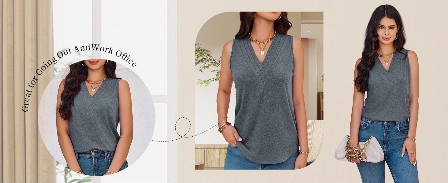 Cicy Bell  Women V Neck Tank Tops Dressy Casual Summer Loose Fit Sleeveless Shirts Blouse Comfy Womenswear Soft Basic