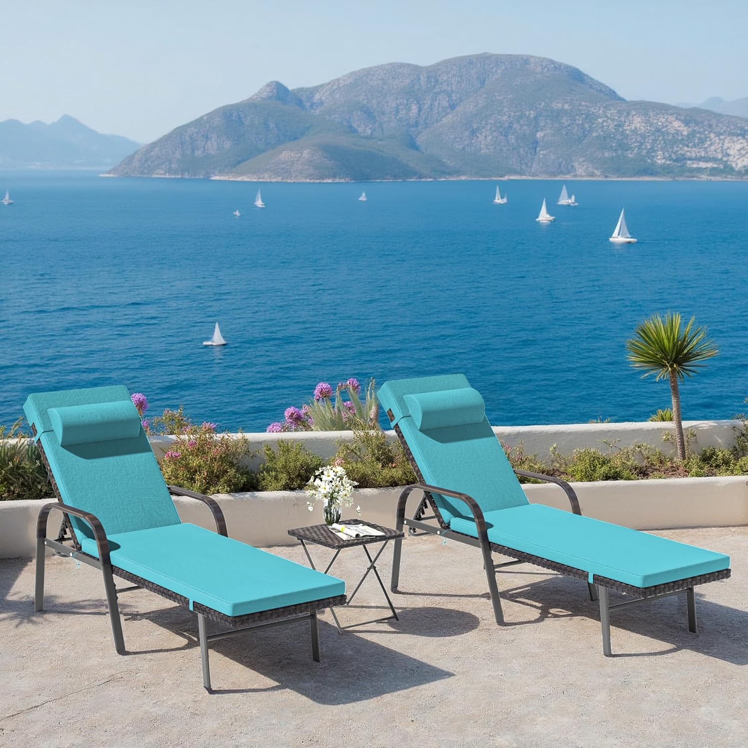 Kullavik Lounge Chair for Outside,3 Pieces Chaise Lounge Outdoor Folding Pool Lounge Chairs（with/without rattan arms）Including Table Rattan Patio Furniture Set