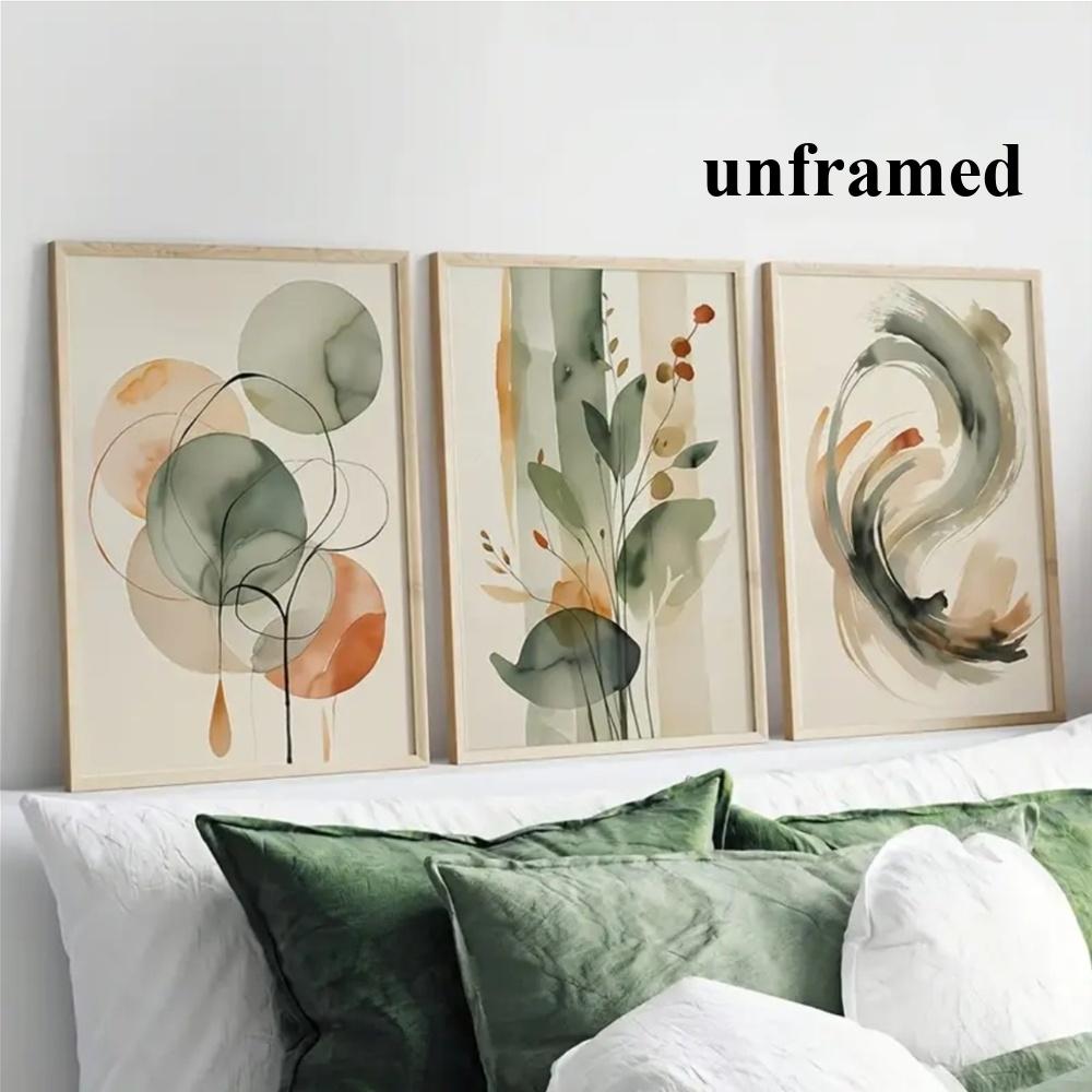 3-Piece Optional Wooden Frame Beige Sage Green Abstract Watercolor Plant Geometric Art Poster High Grammage Moisture-proof Tear-resistant Canvas Color Print High Color Accuracy Non-deformation Modern Minimalist Living Room Bedroom Wall Decor