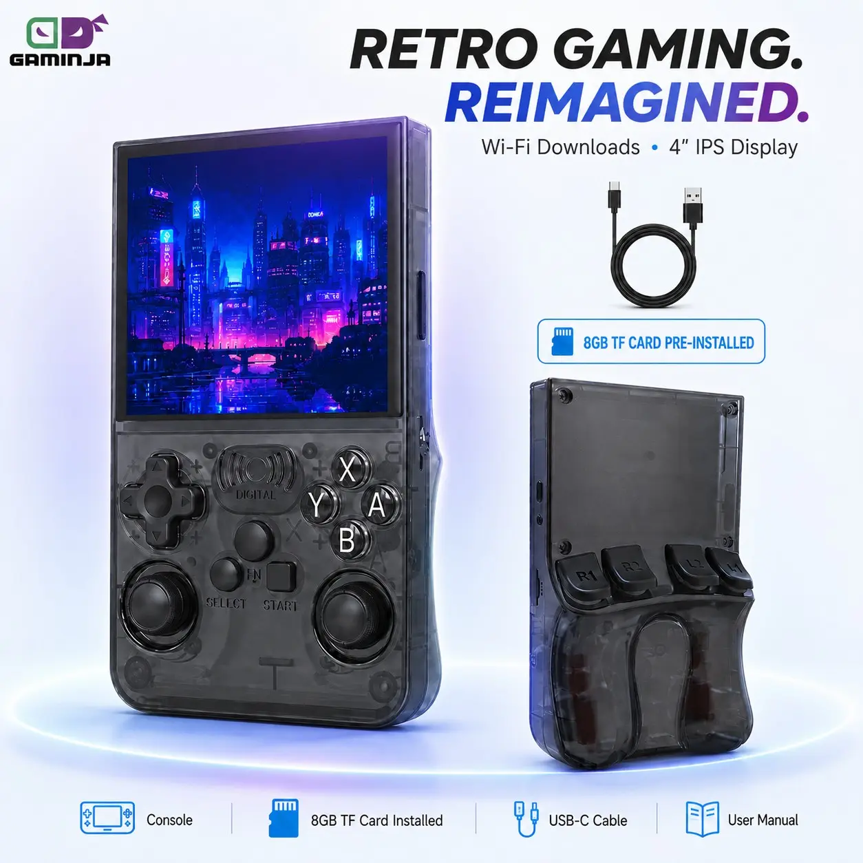 Retro Handheld Game Console, 4-Inch 720×720 HD IPS Screen, Android System, WiFi & Bluetooth 4.0, 19 Emulators, Online Game Download, USB-C Rechargeable Portable Gaming Console