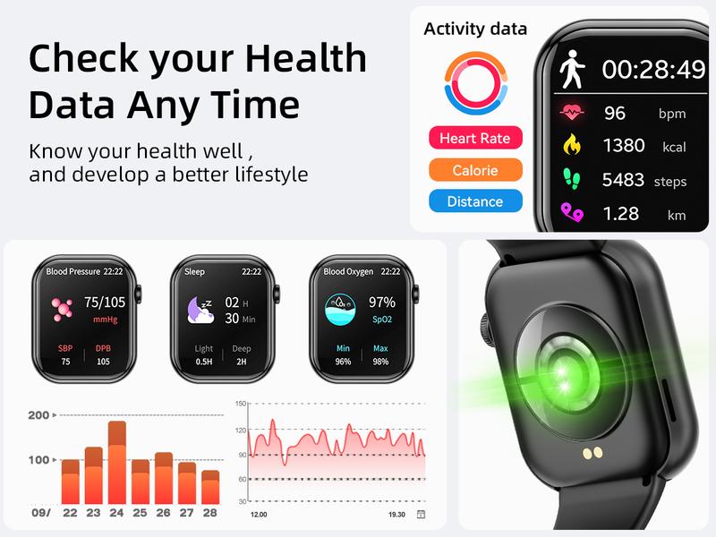 Mingdaln Men's Women's Smart Watch 1.83 Inch Touch Screen Fitness Watch with Fitness Tracker, Heart Rate/Sleep/Oxygen/Blood Pressure, IP67 Waterproof Sports Watch for Android Ios Devices