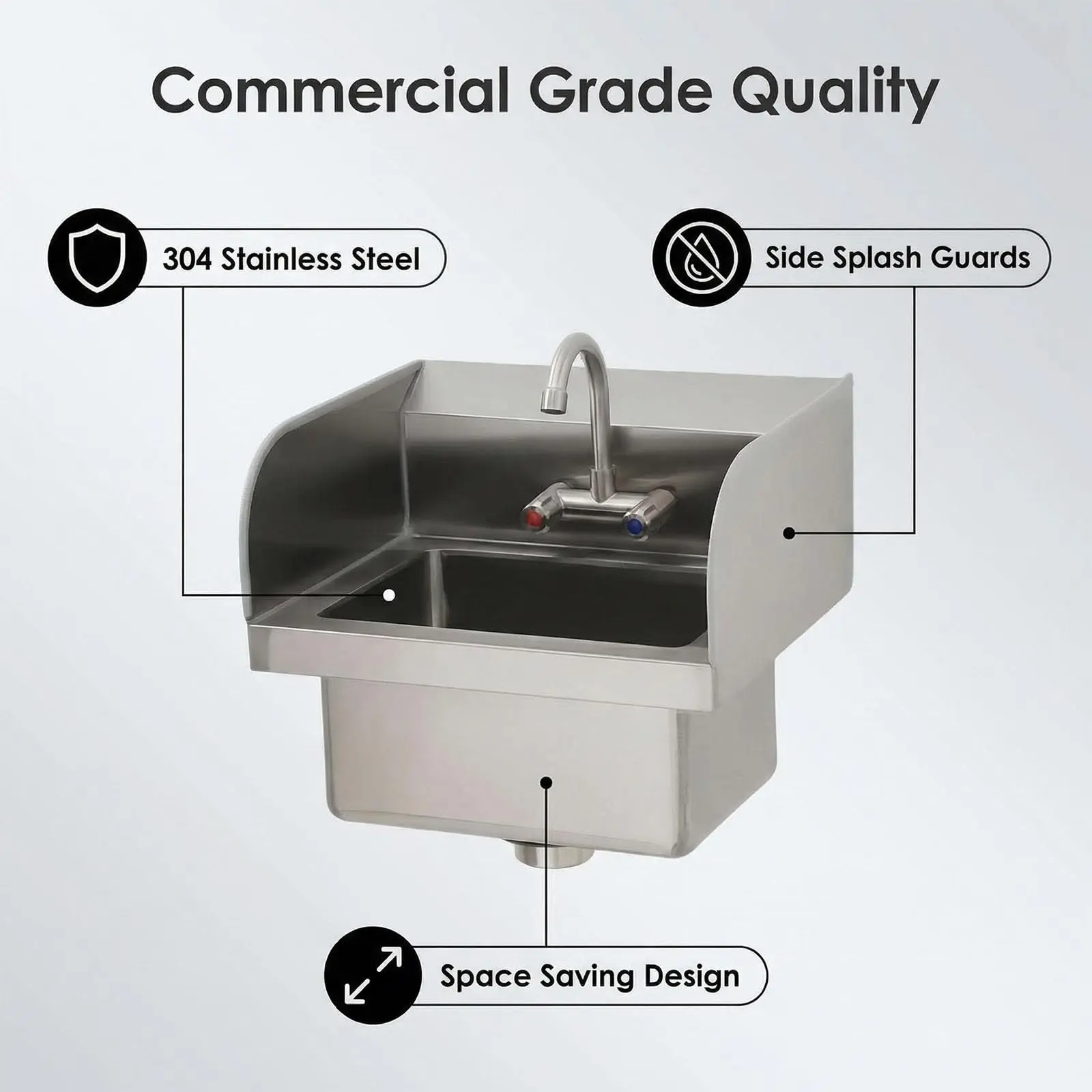 Commercial Rectangular Stainless Steel Utility Sink for Commercial Users - Wall Mount/Drop-In Hand Wash Basin, Side Splash Guards, 360° Swivel Faucet, Drain Kit