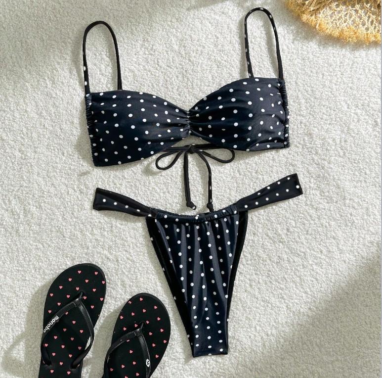 2026 Women's Polka Dot Strapless Bandeau Bikini Set, Removable Wide Shoulder Straps, Vintage Style for Beach and Pool, Bandeau Bathing Suits, Swimsuit Set