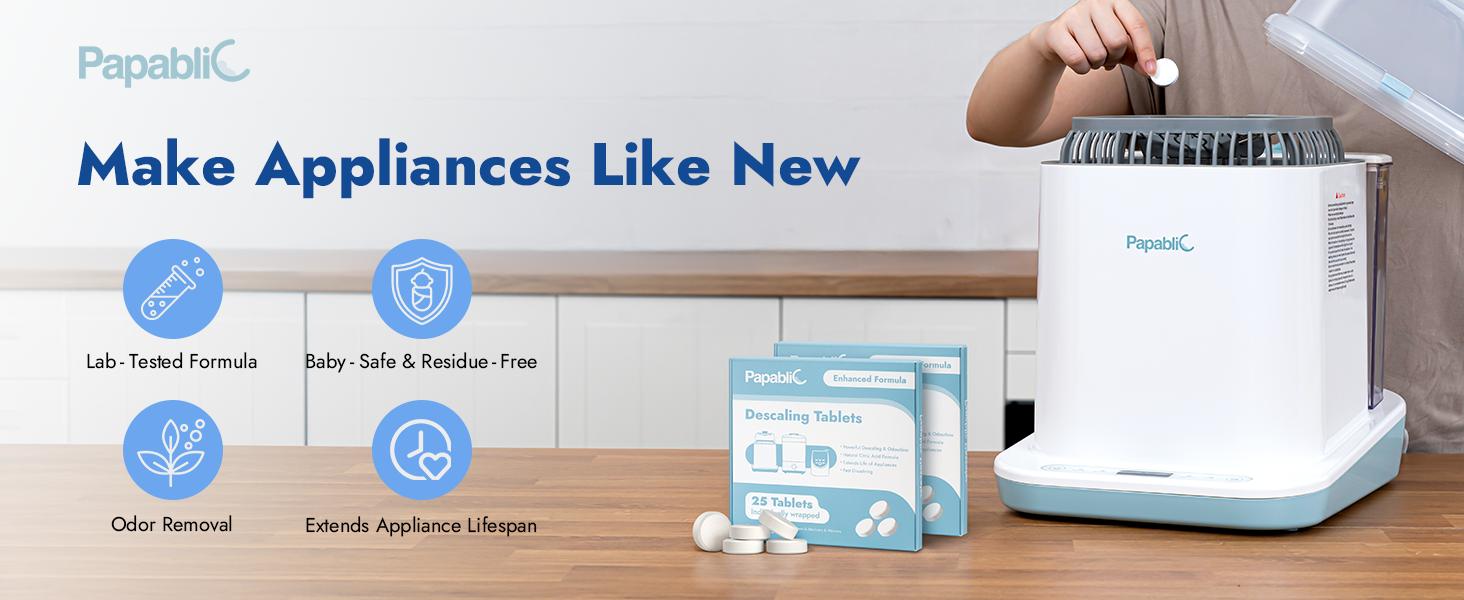 Papablic Descaling Tablets, Compatible with Momcozy, Baby Brezza, Papablic Bottle Washer, Warmer, Sterilizer & Formula Maker – Removes Milk & Limescale for Better Performance, 25 Count