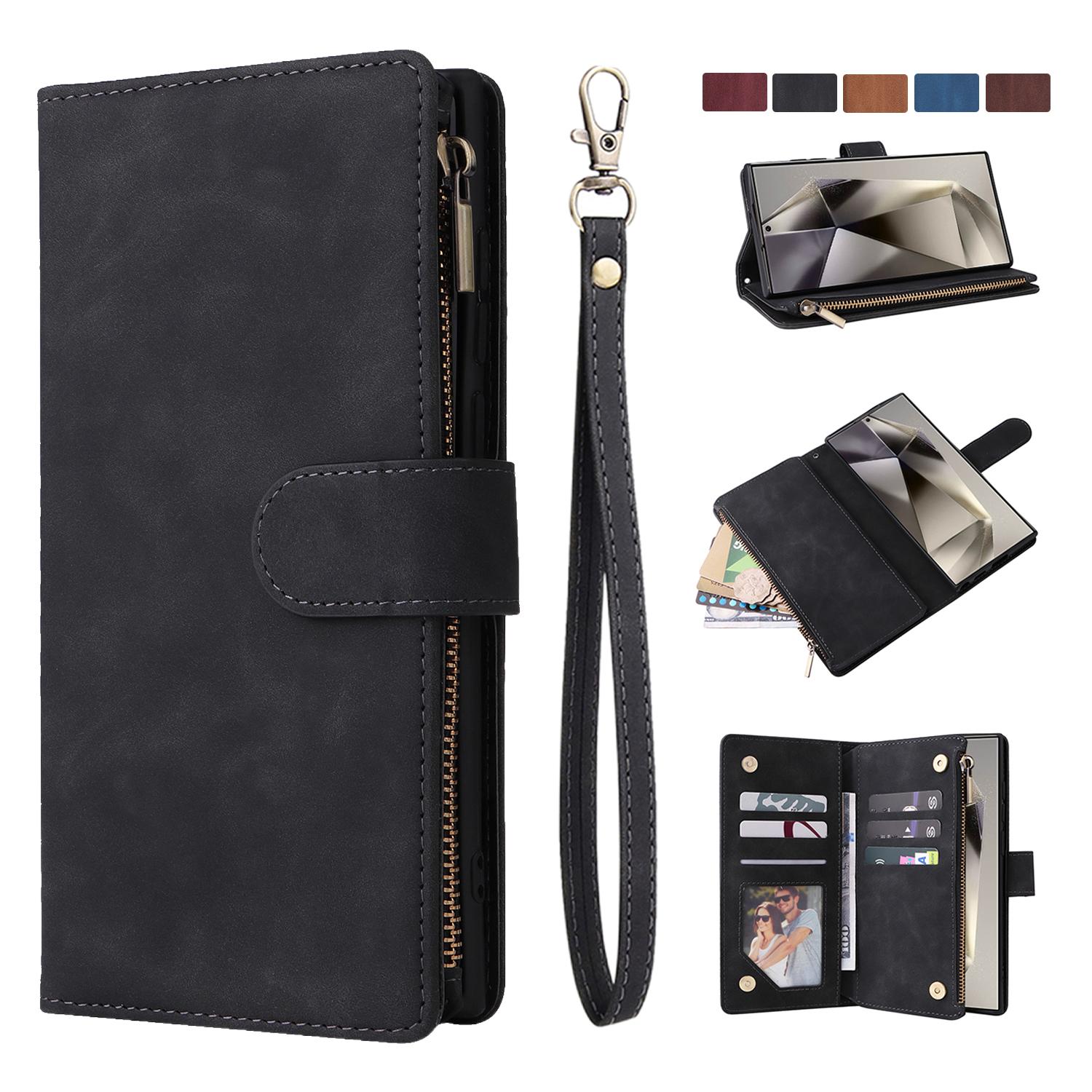 for Samsung Galaxy S25 Ultra S24 S23 S22 S21 Plus Wallet Case with RFID Blocking Card Slot Soft PU Leather Zipper Flip Folio with Wrist Strap Kickstand Protective Cov