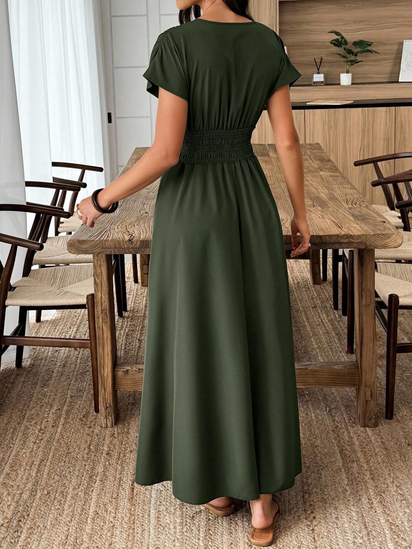 1 Piece Women's Summer Army Green V Neck Split Maxi Dress, Flowy High Waist Vacation Party Outfit