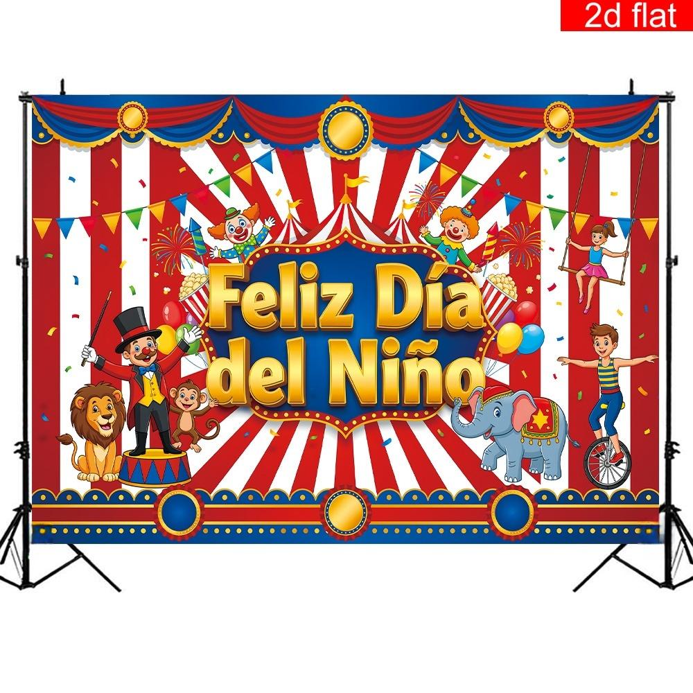 2D Flat Banner, Spanish 'feliz Día Del Niño,' Polyester, Circus Theme, Home Wall Outdoor Garden Party Decor, Large Garage Party Banner