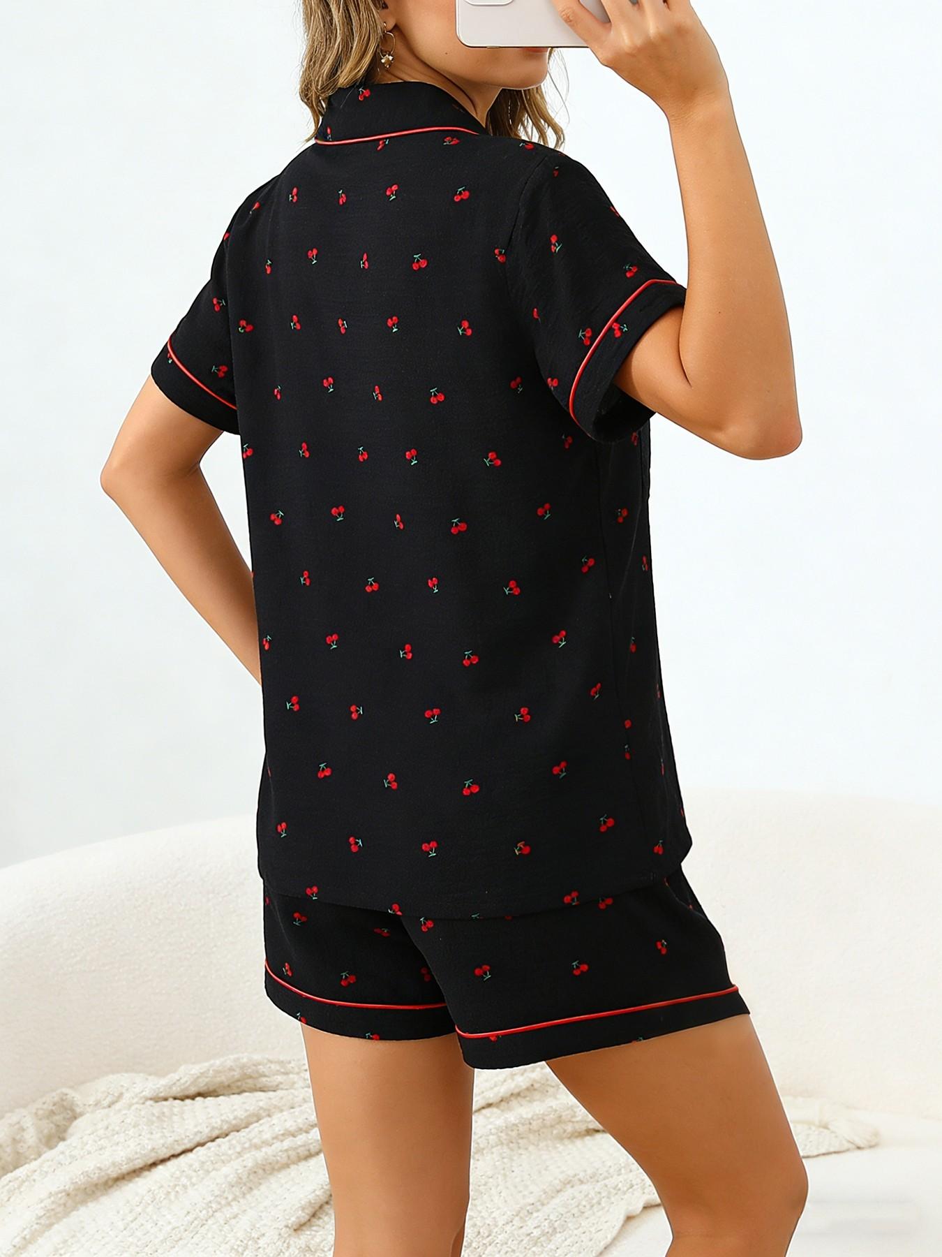 Women's Short Sleeve Button Down Top and Shorts Pajama Set, Spring Summer Wear, For French Lazy Style Girls, Black Base Red Cherry Print, Classic Lapel Collar, Loose Fit, Comfortable For Home & Short Trips