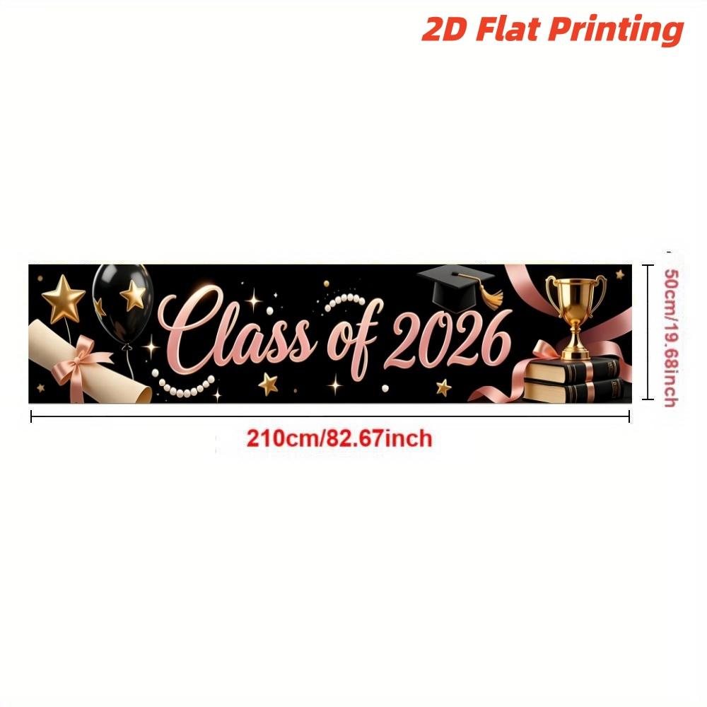 2D Flat Class of 2026 Graduation Decoration Set 1 piece banner + 3 piece door curtain set Polyester material Pink gold bachelor's hat balloon graduation banner 2026 graduation ceremony party photo hanging cloth Campus graduation season atmosphere decorati